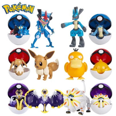 pokemon 6款正版可变形精灵球系列手办玩具，包括甲贺忍蛙、路卡利欧、伊布、露奈雅拉、索尔迦雷欧等动漫人物桌面摆件模型收藏玩具