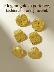 6-Piece Set - (Various Styles) Gold Earrings, Made Of Stainless Steel, Multi-Element Design, Elegant Style, Hypoallergenic Stainless Steel Earrings Set. This Is An Ideal Pair Of Earrings As A Gift For Your Best Friend. - Multicolor - View 2