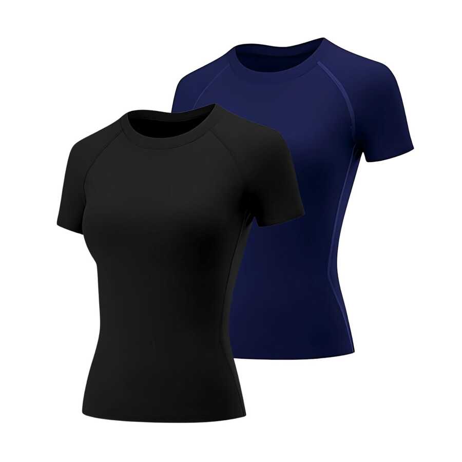 Kit Of 2 Women's Dry Fit T-Shirts For Gym, Workout, And Fitness - Azul Marino - Ver 1