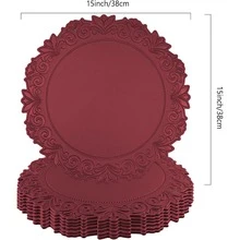 2/4/6pcs 15 Inch Deep Burgundy Thickened Vintage Lace Faux Leather Placemats, 3.94 Inch Coasters, Western Restaurant Hotel Decor Washable Round Heat-Resistant Insulated Mats - Burgundy - View 5