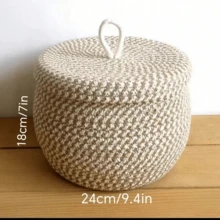 1个手工编织圆形带盖收纳篮，桌面整理篮，可收纳鸡蛋、零食、杂物、水果、化妆品等。 - 彩色 - 查看 11