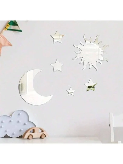6 piezas Pegatinas de pared de espejo acrílico con estrellas y lunas - Autoadhesivas y removibles para decoración del hogar y la habitación