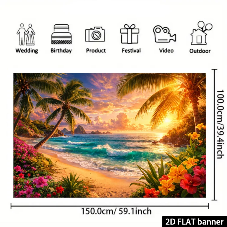 Telón de fondo plano 2D para fiesta de playa tropical, tema de playa tropical con elementos como palmeras, flores de playa vibrantes, olas de atardecer y montañas lejanas, hecho de material de poliéster de alta calidad, sin necesidad de energía para un uso conveniente, adecuado para eventos interiores/exteriores, se puede usar como decoración de pared o telón de fondo fotográfico, ideal para reuniones familiares, actividades de oficina, fiestas al aire libre, montajes de estudio, regalos festivos, resistente al agua y fácil de limpiar, decora con un ambiente relajante de playa - 1 - Añade 6