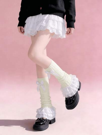 1 Pair White/Black New Lace Ruffle Bow Knit Leg Warmers, Sweet Lolita Style