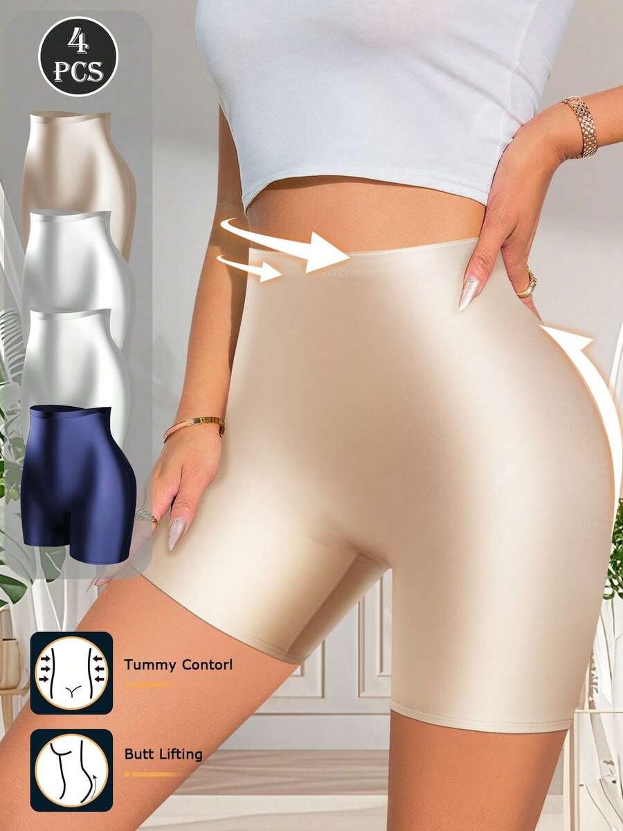 4pcs Women's High Waist Hipster Panties, Tummy Control & Butt Lifting, Solid Color Minimalist Design, Comfortable Fabric, Skin-Friendly & Breathable, Smooth Texture, Anti-Exposure, Ideal Holiday Gift