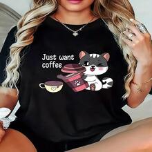 1 Camiseta de Mujer con Estampado de Gato Gato Adorable y Taza de Café - Blusa de Manga Corta y Cuello Redondo, Ropa Casual de Verano con Gato Adorable Sosteniendo una Taza de Café, Top Lavable a Máquina para Amantes de los Gatos, Regalo de Cumpleaños (Para Usar) - Multicolor - Ver 1