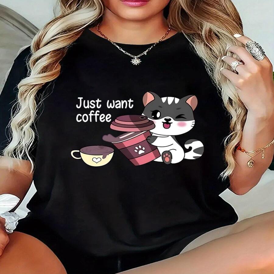 1 Camiseta de Mujer con Estampado de Gato Gato Adorable y Taza de Café - Blusa de Manga Corta y Cuello Redondo, Ropa Casual de Verano con Gato Adorable Sosteniendo una Taza de Café, Top Lavable a Máquina para Amantes de los Gatos, Regalo de Cumpleaños (Para Usar) - Multicolor - Ver 1