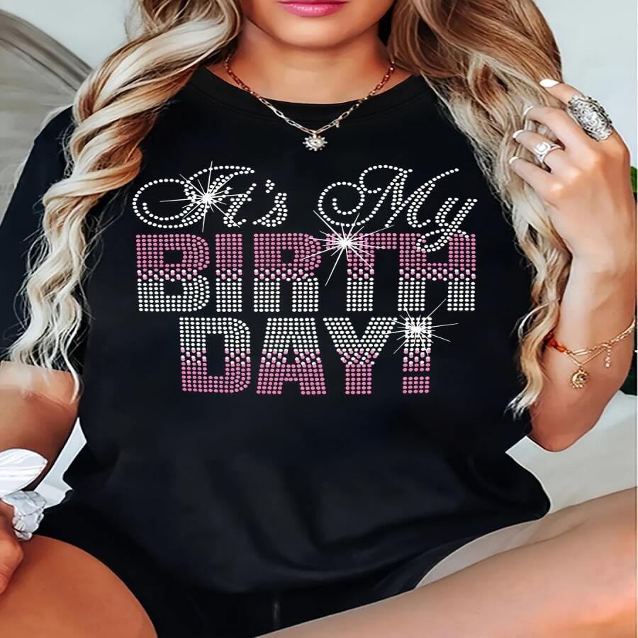 1 Camiseta de Mujer con Estampado de Diamantes de Imitación "Es Mi Cumpleaños" - Top Negro de Manga Corta con Cuello Redondo y Cristales Rosa y Transparentes Brillantes, Ropa Casual para Fiesta de Cumpleaños, Outfit de Cumpleaños - Multicolor - Ver 1