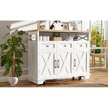 Modern Kitchen Island Table (118*43*98 Cm) Kitchen Cabinet / Dining Table, Wood Grain Design With Casters, Multifunctional Storage Space, Removable Partition With Towel Rack, White - White - View 10