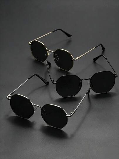1pc/2pcs/3pcs Men's Fashion Decorative Glasses, Metal Material, Geometric Shape, Retro Style, Solid Color Pattern, Suitable For Daily Commute, Driving, Hiking, Outfit Matching, Street Photography, Summer Beach, Various Festivals, Parties, Gift Giving, Fits All Face Shapes, High-Quality Glasses, Stylish Accessory