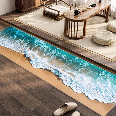 1pc Modern 3D Blue Wave & Sand Beach Style Long Rug, Featuring Blue-White & Light Brown Contrast, Suitable For Modern Corridor, Minimalist Living Room, Kitchen, Can Be Machine Washed