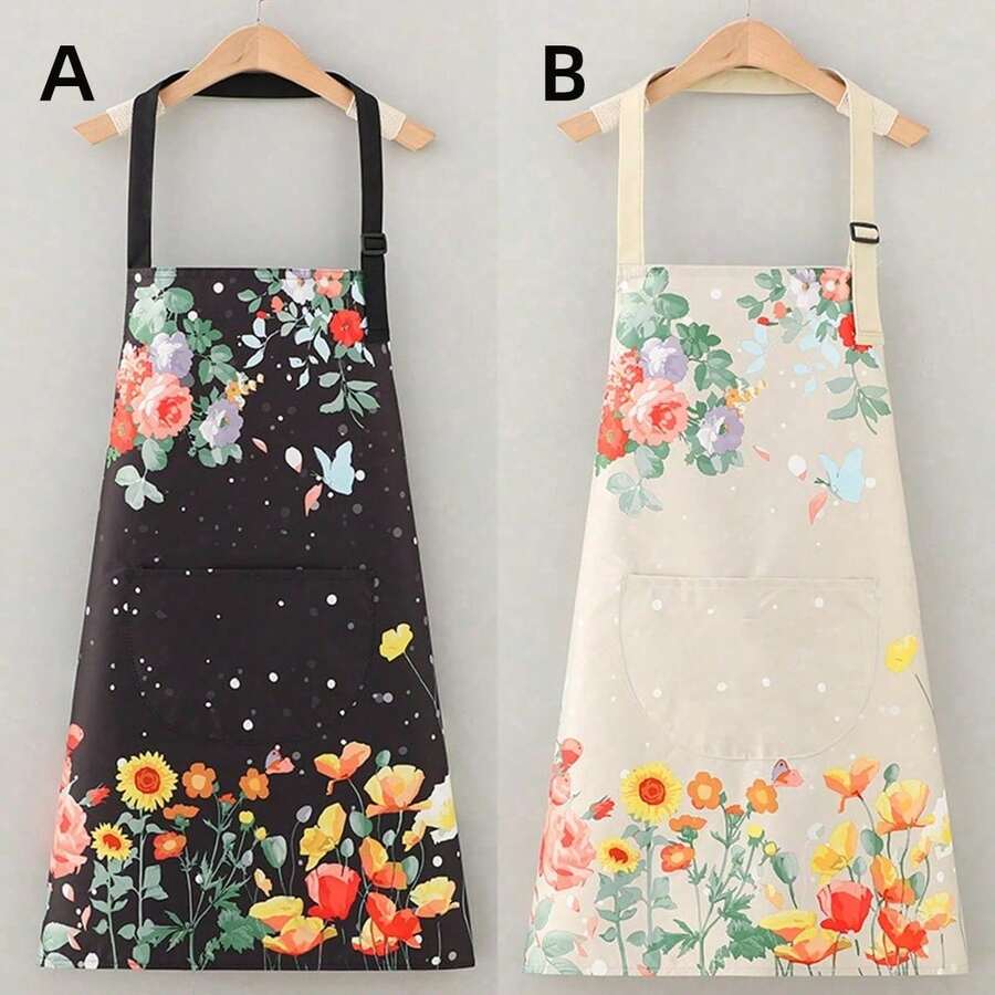 1pc New Butterfly & Floral Waterproof & Oil-Proof Apron, Fashionable Minimalist Design Suitable For Cooking, Kitchen, Cafe, Unisex - Apron - View 1