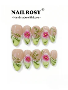 nailrosy 10 piezas de pegatinas de arte de uñas 3D con flores de cerezo rosadas, verdes y doradas talladas, aptas para bodas, novias, uso diario, de calidad de salón, hechas a mano, nuevas llegadas de primavera 2026, envío desde EE. UU. - Multicolor - Ver 1