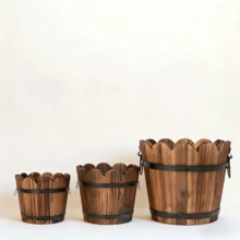 1/3pcs Vintage Wooden Barrel Shaped Planter, Rust-Resistant Indoor/Outdoor Succulent Flower Pot, Rustic Style Wooden Planter - Wavy Mouth - View 13