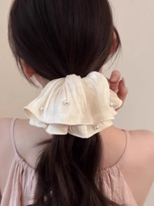 1个彩虹色缎面褶皱仿珍珠发圈，高端时尚超大号发饰，春夏新款马尾辫发圈，适合假日、旅行、节日、派对等场合。 - 彩色 - 查看 5