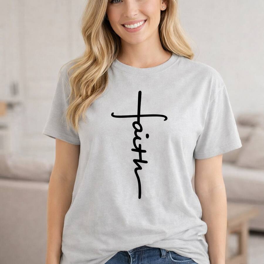 Women's Plus Size 0XL-5XL Cotton Short Sleeve T-Shirt, Classic Crew Neck Casual Top, Loose Fit Basic Tee, Solid Color Soft Comfy Daily Wear, Black/White Print Christian Cross Faith Graphic T-Shirt For Ladies - 淺灰色 - 查看 1