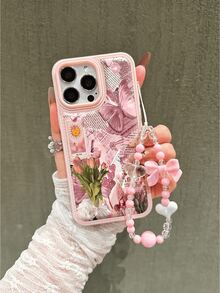 1pc Fashion Tulip & Butterfly Pattern Phone Case With Bow Lanyard, Soft TPU Shockproof Full-Body Protective Phone Cover Compatible With IPhone 17/17 Air/17 Pro/17 Pro Max/16/16 Plus/16 Pro/16 Pro Max/15/14 Plus/13/12/11, Thickened Anti-Scratch Leather Texture Phone Protective Case - Pink - View 5