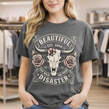Women's Plus Size Cotton T-Shirt, Beautiful Disaster Graphic Print, Vintage Bull Skull & Rose Design, Casual Loose Fit Tee, Short Sleeve Round Neck Top, Sizes M-5XL, Soft Comfortable Cotton Fabric, Fashionable Western Style Shirt For Daily Wear - Màu xám đen - Xem 8