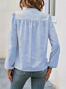 1pc Striped Woven Fabric Sleeveless V-Neck Shirt, Elegant Casual Versatile For Vacation, Evening Date, Party, Travel, All Seasons Spring - Blue - View 5