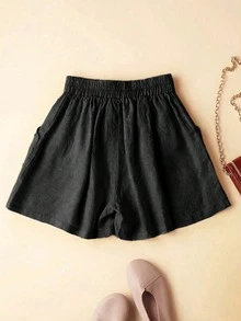 Women's Casual Linen Blend Shorts, Elastic Waistband, Drawstring Design, Breathable Loose Fit, Summer Bottoms With Pockets Black - Black - View 2