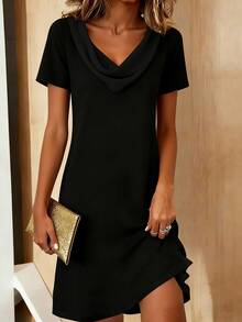 优雅法式设计宽松中长连衣裙，时尚夏季新品 - 黑色 - 查看 1