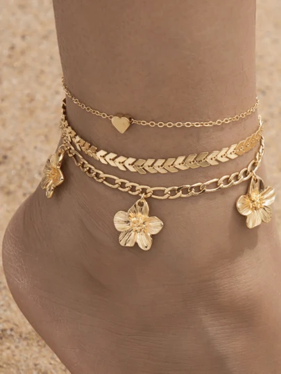 3件套叶子、心形和花朵造型脚链套装，适合女士海滩度假和日常佩戴