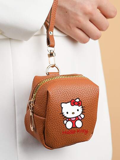 SANRIO 1Pc Hello Kitty Coin Purse With Wrist Strap, PU Leather Mini Wallet, Zipper Closure, Fashionable Print Themed Design, Cute Kawaii Small Bag, Perfect Gift For Birthday