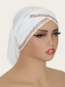 1pc Women's Crystal Linen Knit Elastic Fabric Diamond Crafted Malaysian Hijab Fashion Scarf Headwrap - Crystal Rhinestone Hat In Multiple Colors - View 3