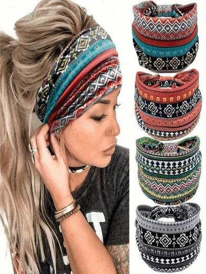 波西米亚风宽发带，女士适用 - 吸汗轻便，瑜伽运动发带，复古印花