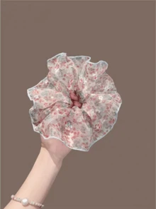 Pastoral Floral Tulle Scrunchie For Women, Light Blue Trim Hair Tie, Gentle Hair Accessory - Multicolor - View 10