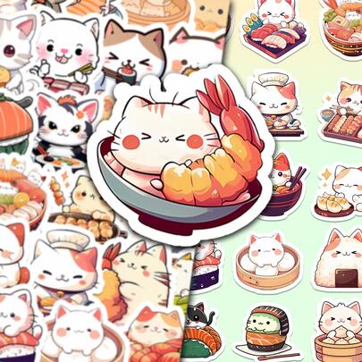 50 piezas de pegatinas de graffiti de comida para gatos - Vinilo resistente al agua, adecuado para portátiles, botellas de agua, cuadernos, maletas, etc. - Regalo de manualidades con tema de dibujos animados para scrapbooking