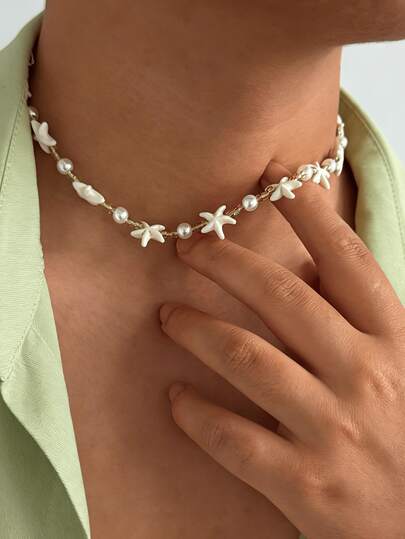 1pc Bohemian Style Starfish & Pearl Necklace, Retro Fashion Men's Beaded Necklace