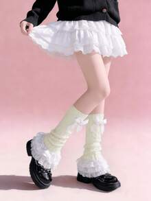 1 Pair White/Black New Lace Ruffle Bow Knit Leg Warmers, Sweet Lolita Style - Multicolor - View 8