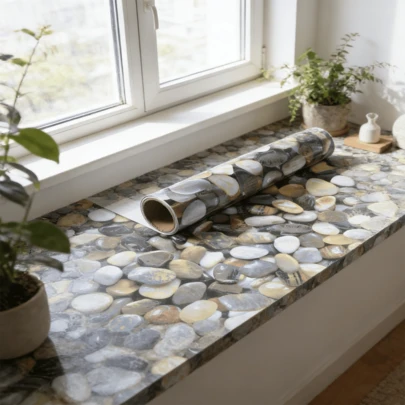 1卷，3D条纹鹅卵石自粘墙纸，可移除，防水防油乙烯基墙纸，纹理适用于货架衬垫、橱柜、卧室、装饰贴纸、即撕即贴墙板、家居装饰墙纸