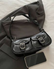 New Fashion Double Pocket Decor Handbag, Suitable For Parties, Outings, Vacations, Shopping And Daily Use, Can Store Coins, Phones, Also Suitable As A Work Bag For White-Collar, College Students And Office Workers, Elegant Ladies Bag - Black - View 3