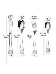 4pcs Customized Text/Logo Children's Tableware Set, Includes Knife, Soup Spoon, Fork, Coffee Spoon, Featuring Cute Bear Logo, Personalized Laser Engraved Text, Stainless Steel Cutlery Set, Customized Birthday/Children's/Student Gift - Silver - View 14