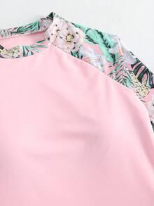 夏季海滩度假热带花卉印花泳衣，高弹力修身两件式长袖吊带泳衣套装 - 淺粉色 - 查看 6