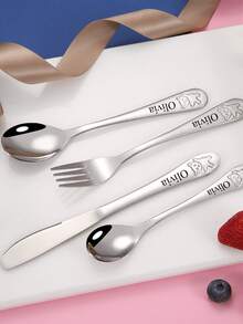 4pcs Customized Text/Logo Children's Tableware Set, Includes Knife, Soup Spoon, Fork, Coffee Spoon, Featuring Cute Bear Logo, Personalized Laser Engraved Text, Stainless Steel Cutlery Set, Customized Birthday/Children's/Student Gift - Silver - View 4