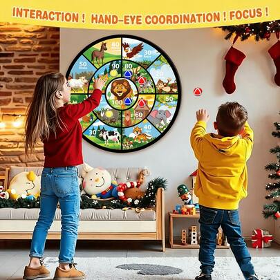 Large Size Children's Dart Game Set, Includes Sticky Balls, Double-Sided Foldable Animal Pattern Dart Board, Suitable For Indoor And Outdoor Party Games, Throwing Toys, Summer Holiday Gift