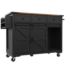 Kitchen Island Table, Dining Cart With Retractable Countertop, Kitchen Cart With Wheels, Cabinet With Two Sliding Doors And Three Drawers, Dining Cart With Wood Grain Finish, Black Cabinet - Black - View 3