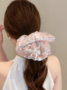 Pastoral Floral Tulle Scrunchie For Women, Light Blue Trim Hair Tie, Gentle Hair Accessory - Multicolor - View 4