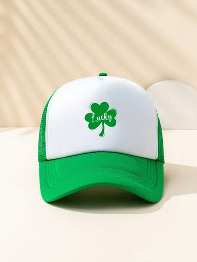 1pc Men's Printed Clover "Get Lucky" Colorblock Mesh Cap, Personality Street Fashion Hat, Outdoor Sun Protection Casual Hat For Spring Autumn Travel Beach Holiday