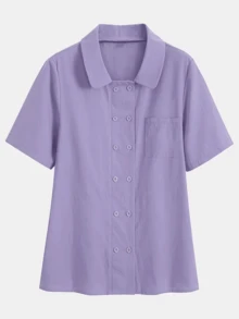 Women's Short Sleeve Shirt Blouse, Purple Solid Color Front Button Pocket Button Casual Elegant Minimalist Commute Decent Shirt, Daily Home Vacation Date Travel Outing Gift Birthday Spring Summer Autumn Independence Day Munich Oktoberfest Christmas Thanksgiving Teacher's Day - Purple - View 2
