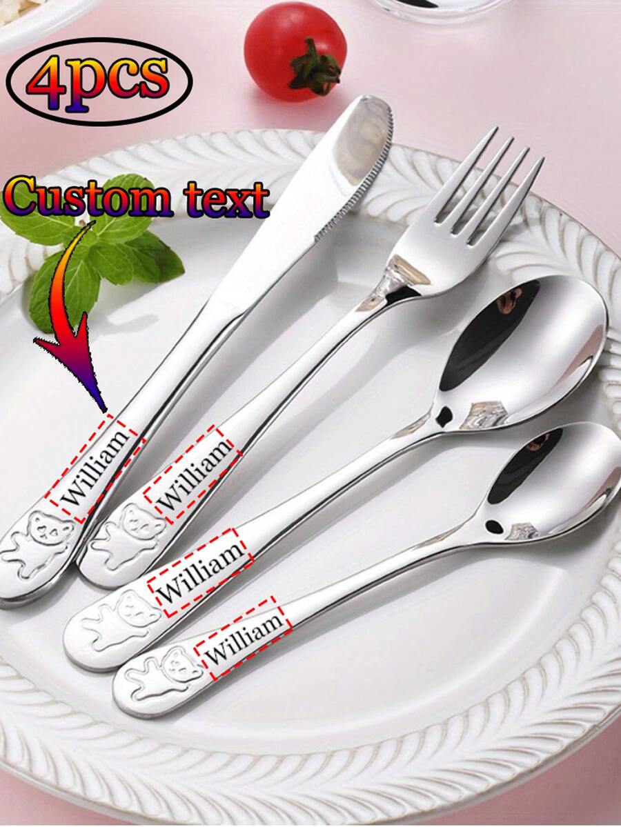 4pcs Customized Text/Logo Children's Tableware Set, Includes Knife, Soup Spoon, Fork, Coffee Spoon, Featuring Cute Bear Logo, Personalized Laser Engraved Text, Stainless Steel Cutlery Set, Customized Birthday/Children's/Student Gift - Silver - View 1