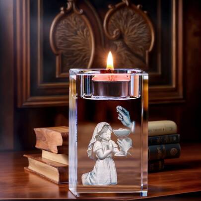 基督教初领圣餐水晶烛台，3D立体雕刻，宗教礼品及家居祈祷装饰