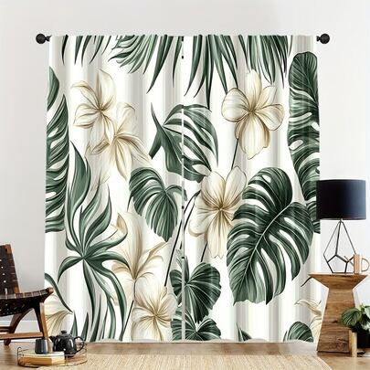 2 件装夏季植物窗帘，图案为热带棕榈树和绿色椰子树，杆袋式设计，保护隐私，采用涤纶材质，非常适合装饰卧室和客厅（不含窗帘杆）。