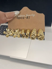 Set de 6/18 pendientes en forma de C con flores eternas exageradas, pendientes de moda adecuados para uso diario y vacaciones, hechos de resina ABS con chapado en oro UV, no se desvanecen - Dorado - Ver 2