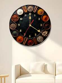 1 Quiet 10/12-Inch Round Wooden Clock With Various Spices And Seasonings | Quartz Movement, Multicolor With Golden Accents, Battery-Powered (AA Battery Not Included), Ideal For Bedroom, Kitchen, Study, Garage, Christmas Decor, Living Room - A - View 3