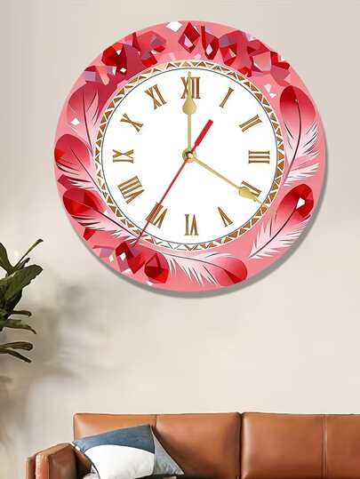 1pc 2D Flat Pink Feather Golden Frame Roman Wooden Clock | Silent Swiss Round Quartz Wooden Wall Clock, Suitable For Bedroom, Living Room, Kitchen, Office, Decoration, 14/16 Inches (AA Batteries Not Included) New Year'S Holiday Decoration