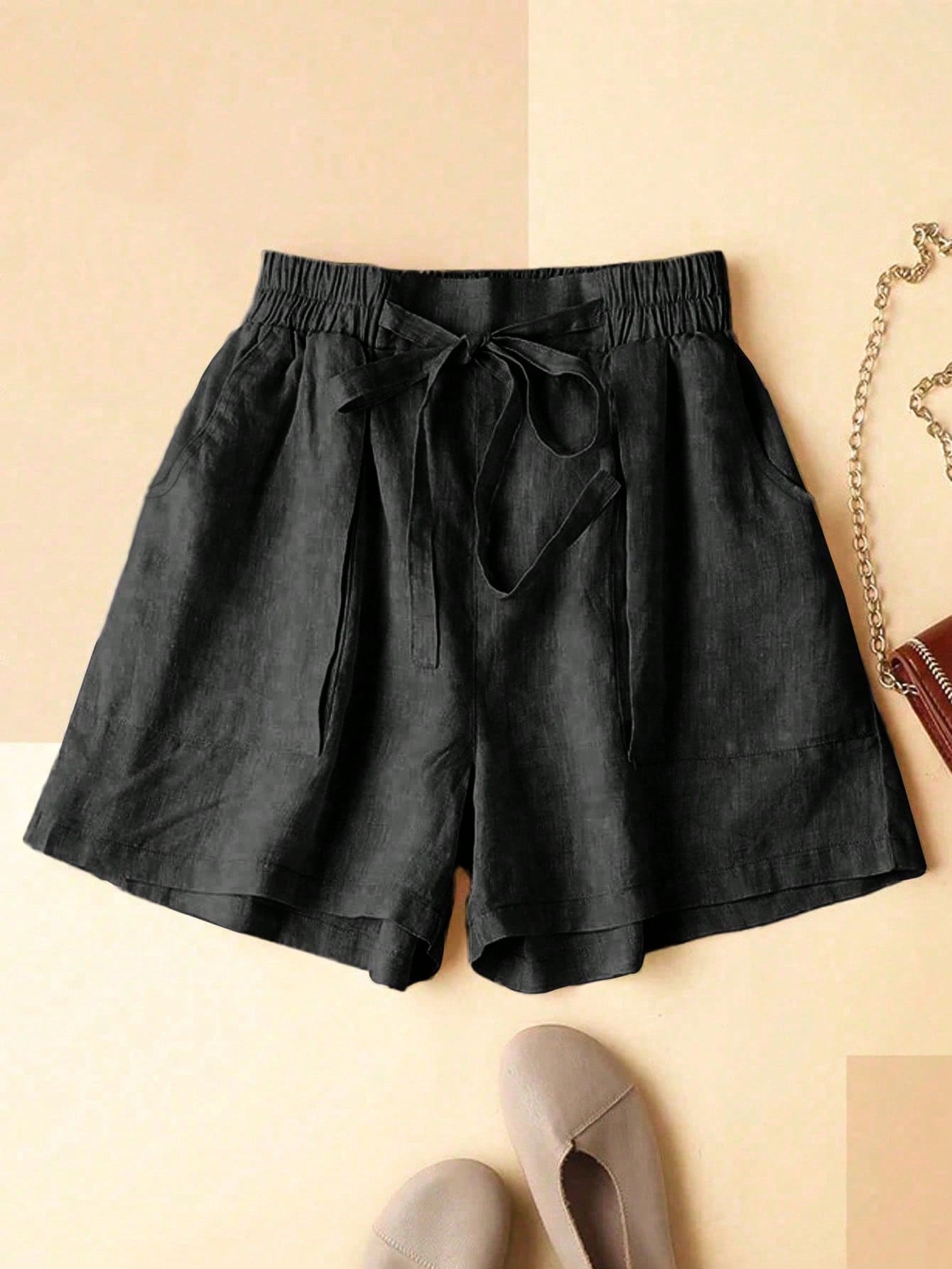 Women's Casual Linen Blend Shorts, Elastic Waistband, Drawstring Design, Breathable Loose Fit, Summer Bottoms With Pockets Black - Black - View 1